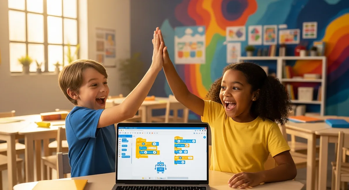 Kids celebrating their coding project